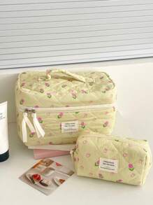 Bolsa de maquillaje de tela suave con patrón floral sobre fondo amarillo, con cierre de cremallera. Bolsa de almacenamiento linda para cosméticos, artículos de tocador, uso doméstico, viajes y mujeres