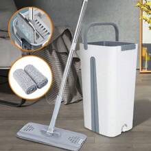 Flat Floor Mop And Bucket Set For Professional Home Floor Cleaning System With Washable Microfiber Pads - Floor Mop With 3 Mop Pads Blue Beige - View 2