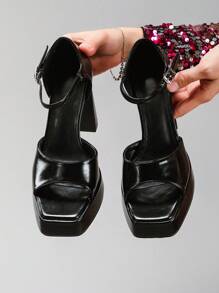 Women's Black High Heel Shoes With Waterproof Platform, Glossy PU Material, Thick Wedge Heel, Open Toe, Suitable For Summer Party