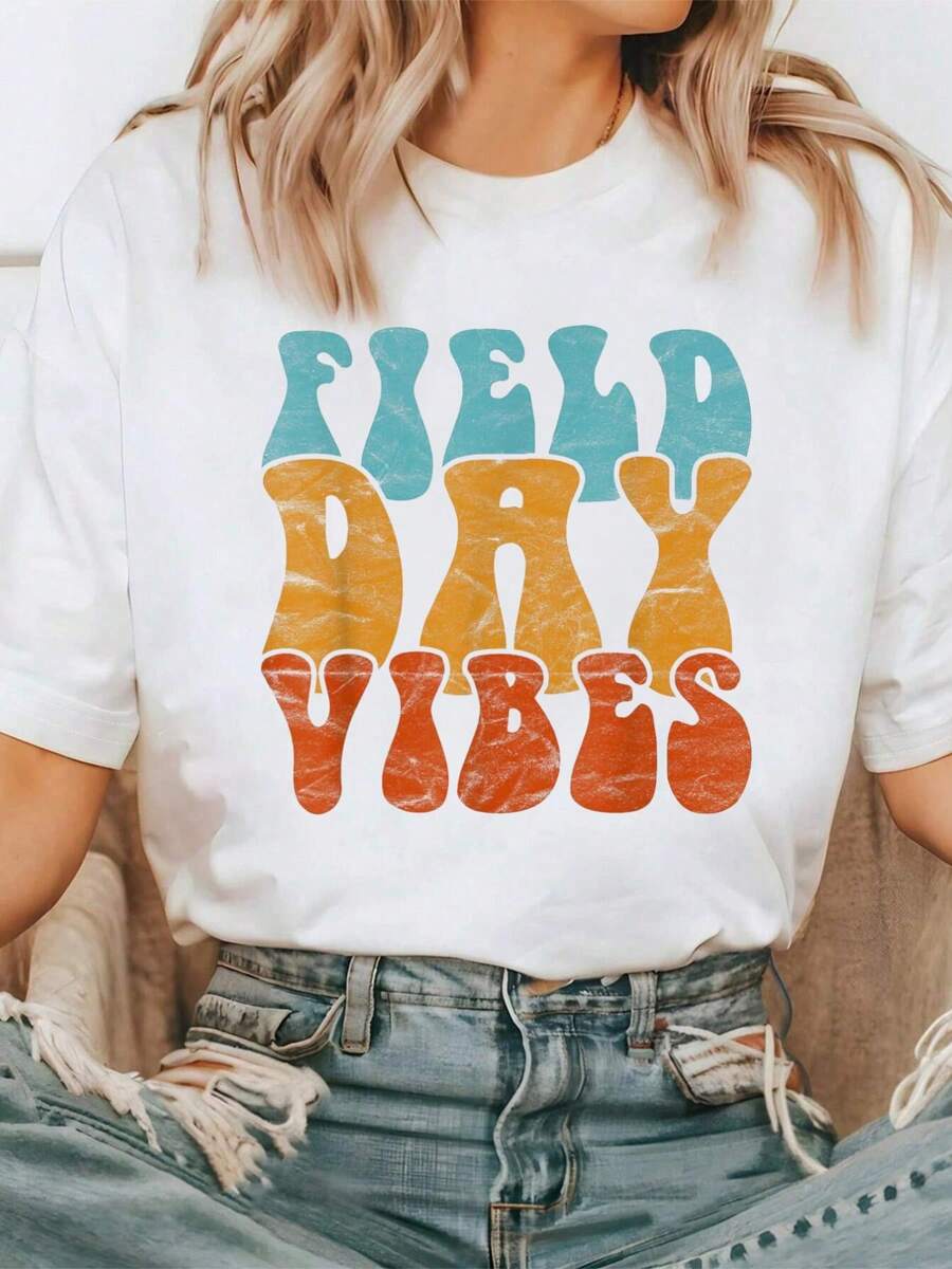 Vintage Field Day 2025 Last Day Of School Field Day Teacher T-ShirtShort Sleeve Round Neck Casual Top For Summer & Spring, Women's Clothing - 白色 - 查看 1