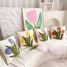 1 件郁金香花朵抱枕套，3D 刺绣图案，四季通用抱枕套，适用于沙发、卧室、客厅、户外花园装饰、婚礼客厅装饰。房间装饰用品、家居装饰、客厅装饰、抱枕、枕套（粉色、橙色、黄色、紫色）（不含内衬） - 彩色 - 查看 5