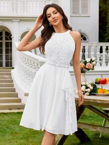 MIUSOL Floral Lace Patchwork Halter Neck Ruffle Hem Chiffon Party Dress - White - View 6