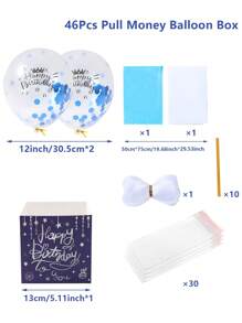 Caja de dinero con tema de globos de cumpleaños, set de 46 piezas. Caja de dinero con globos azules y blancos con tarjeta de efectivo extraíble y bolsas, caja de dinero de papel plegable DIY, caja de dinero con globos de feliz cumpleaños, decoración de fiesta de cumpleaños para el hogar, la habitación y la mesa, ornamento, regalos y recuerdos para fiesta de cumpleaños