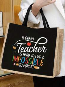 Creative Teacher Letter Printed Linen Handbag With Wallet Makeup Bag, Block Shopping Bag, Teacher Thanks Gift, Women's Linen Large Capacity Handbag. - Multicolor - View 2