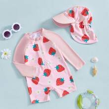 Toddler Baby Girl One Piece Swimsuit UPF 50+ Sun Protection Long Sleeve Rash Guard Bathing Suit Swimwear Sunhat Set - Dusty Pink - View 3