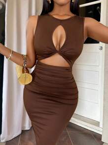 abyoxi Solid Color Sexy Front Hollowed Twist Pleated Slim Fit Midi Bodycon Dress Casual Commute Fashionable Hot Girl Style Homecoming Spring And Summer New Women's Clothing