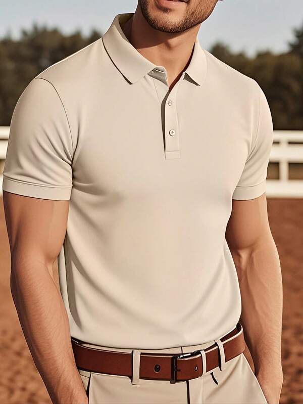 Camisa polo de manga corta de unicolor casual para hombres, versátil, para deportes y exteriores - tenis y golf