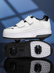 2025 Kids Unisex Wheeled Skate Shoes, Outdoor Sports Leisure Sneakers For Youth Teenagers, Hook-And-Loop Anti-Slip Contrast Color, Size 31-40 - Black and White - View 11