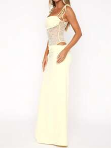 Women Spaghetti Strap Tie Shoulder Cami Dress Lace Patchwork Cut Out Waist Bodycon Long Maxi Mermaid Cocktail Party Dress Beach Sundress - 黃色 - 查看 3