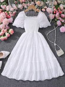 Tween Girl 1pc Casual Solid Color Square Neck Oxford Jumper Dress, Summer