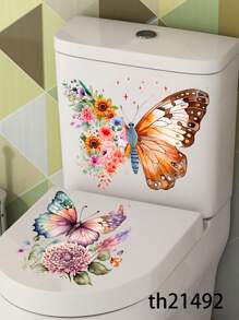 1 套马桶盖贴纸，带蝴蝶花朵图案，家居装饰 PVC 自粘防水可拆卸浴室马桶盖贴花贴纸墙贴乙烯基贴花 11.81 * 15.74 英寸，适用于家居装饰春夏装饰品，让您的家焕然一新，拉玛装饰贴纸礼物生日毕业
