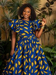 Faeriesty Plus Chic African Print Maxi Casual Dress With Short Sleeves, Ruffled Sleeve Details, And Plus Size Flared Hem – Vibrant Print Perfect For Summer Beach Parties, Tropical Weddings, And Garden Festivals (Lightweight & Seasonless Design) Summer Dresses Spring Clothes - Blue - View 8