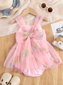 1 件装女婴可爱优雅奢华甜美公主重磅花卉刺绣、蝴蝶贴花、蝴蝶结装饰芭蕾舞裙、派对/节日/生日装，四季皆宜 - 粉色 - 查看 1