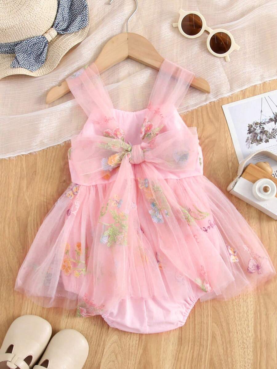 1 件装女婴可爱优雅奢华甜美公主重磅花卉刺绣、蝴蝶贴花、蝴蝶结装饰芭蕾舞裙、派对/节日/生日装，四季皆宜 - 粉色 - 查看 1