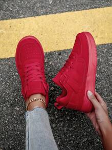 Women's Khaki Retro Fashion Lace-Up Casual Sport Shoes, Lightweight Versatile Comfortable Flat Walking Shoes, Skate Shoes, Running Shoes For Young People - Red - View 2