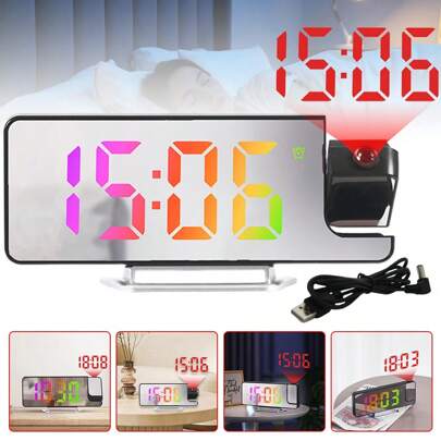 7.6 In Projection Alarm Clock With 180° Rotatable Projector, Digital Clock, Large LED Screen, Dual Alarm,12/24H, Temperature Display, Clock For Bedroom Living Room, Colorful