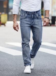 ESDVQ Men's Slim Fit Embroidered Pocket Stretch Straight-Leg Jeans - Light Wash - View 5