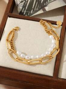 1件装时尚简约双层四叶草吊坠手链，18K镀金不锈钢材质，不易褪色，可叠戴，ins风夏季派对及开斋节情人节礼物 - 金黃色 - 查看 14