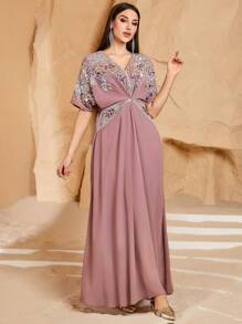 Women's V-Neck Solid Color Floral Embroidered Pearls Decorated High Waist Long Sleeve Arabian Dress