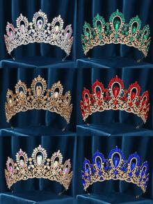 奢华水晶巴洛克女王头饰皇冠，手工制作婚礼公主头箍，镶嵌闪亮水钻，适合万圣节、生日、舞会（金色） - 彩色 - 查看 1