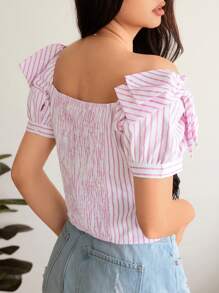 Blusa de manga abullonada con cuello cuadrado y estampado de rayas - Rosa - Ver 2