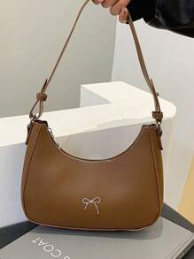 Simple New Bow Decor Solid Color PU Leather Handbag, Lightweight Outdoor Travel Vacation Crescent Bag, Elegant Business Commuting Underarm Bag For Daily Office Use, Versatile Street Shopping Cell Phone Coin Baguette Bag, Women Shoulder Bags