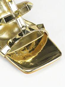 planare Women's Fashion Lady Gold Studded Patent Leather Strappy Chunky Mid Heel Sandals With Adjustable Buckle Ankle Wrap, Sexy Square Open Toe Mid Block Heel High Heels For Ladies, Elegant Stable Easy Walking Kitten Heel Summer Daily Outdoor Footwear, Well Fit For Party Prom Wedding Dating Office Daily Wear, Match For Dressy Skirts Outfits