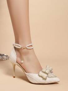 Talons aiguilles transparents à bout pointu avec strass, sandales à bride à la cheville avec décoration nœud papillon, style français. Nouvelles arrivées printemps été 2025, élégantes, escarpins femme, tenues de soirée, tenues de mariage - Blanc - Voir 3