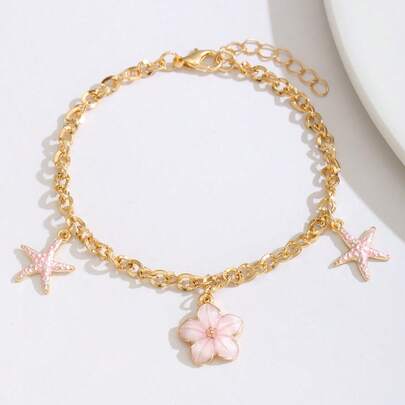 1pc Delicate Floral & Starfish Decor Bracelet, Suitable For Girls To Wear In Summer Beach Party, Travel, Vacation, Also Can Be Daily Accessory
