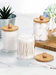 3 件装 Qtip 分配器带竹盖，10 盎司透明塑料化妆品储存容器，浴室棉签配件套装，化妆刷收纳盒情人节 - 彩色 - 查看 7