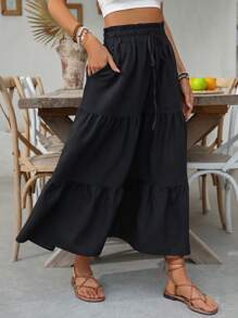 Falda midi casual de mujer con volantes en la cintura, bolsillos y dobladillo con volantes en unicolor - Negro - Ver 7