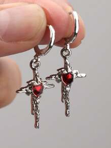 水钻心形、、星星朋克风格环状耳环 - 紅色 - 查看 1