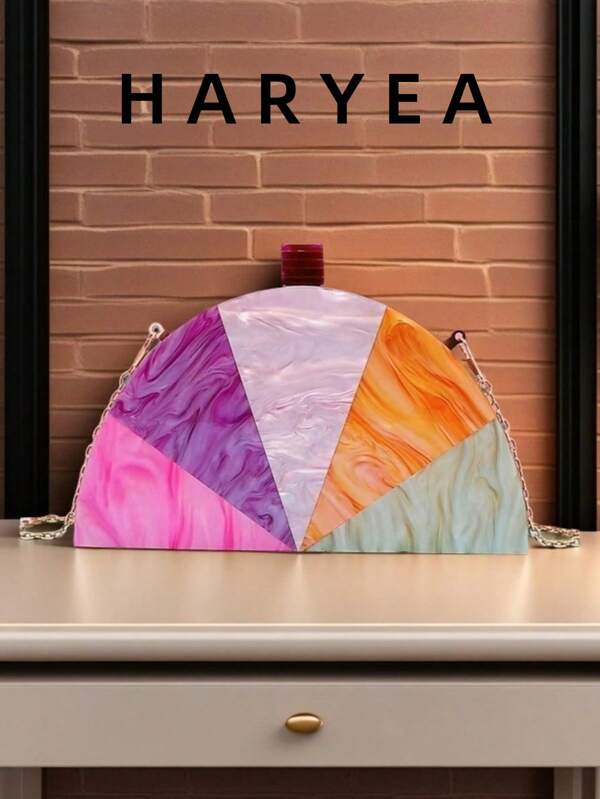 Nuevo bolso de mano con diseño semicircular de estilo europeo y americano, con cadena metálica para el hombro, bolso de fiesta de moda para mujer, elegante bolso de mano de acrílico, bolsa de cosméticos, bolso de regalo