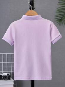 中性嬰兒純棉素色短袖 Polo 衫，薄款修身舒適學院風 T-shirt，簡約優雅兒童基礎穿搭 - 淡紫色 - 查看 3