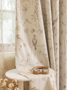 1件天然亚麻麻雀枝花图案精致窗帘，适用于客厅、卧室及各种场合