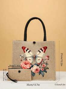 Bộ 2 túi tote in hình bướm màu hồng, vải bố họa tiết thời trang, bao gồm ví đựng tiền xu tiện dụng, hoàn hảo cho việc mua sắm, du lịch và phiêu lưu trên bãi biển, túi đa năng dành cho nữ, thích hợp cho việc sử dụng hàng ngày, du lịch, mua sắm, làm việc, tặng quà - Màu Khaki - Xem 4