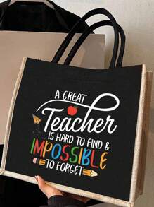 Creative Teacher Letter Printed Linen Handbag With Wallet Makeup Bag, Block Shopping Bag, Teacher Thanks Gift, Women's Linen Large Capacity Handbag. - Multicolor - View 5