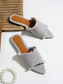 Women's Flat Pointed Toe Slippers With Fringe Design, Suitable For Outdoor Casual Wear,Beach Shoes,Summer Shoes - Grey - View 2