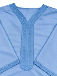 Men's Morocco Style Embroidered Short Sleeve Robe With Side Pockets, Islamic Men's Casual Home Robe, Ramadan Men's Robe - Baby Blue - View 4