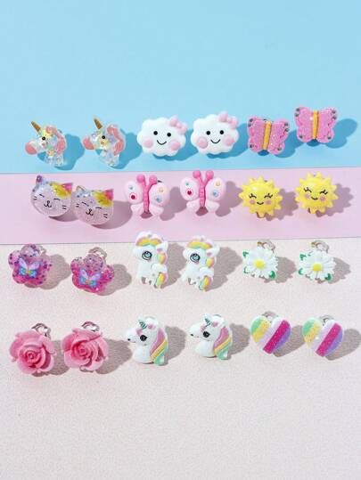 3 Pairs Cute Children Unicorn & Flower Clip-On Earrings Set