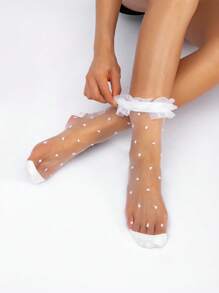 洛丽塔风格蕾丝边透明波尔卡圆点玻璃丝水晶透明中筒袜，秋季