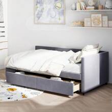 Cama doble con plataforma y almacenamiento en forma de L tapizada, en color gris - Gris + Terciopelo + Twin - Ver 5