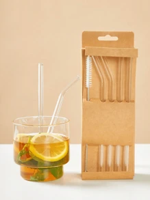 5/10pcs/Set (4Straws + 1Brush) Transparent Glass Straws, Heat Reusable Clear Glass Straws For Smoothies, And Drinks - Healthy - Includes Cleaning Brush School Supplies,Back To School Christmas For Holiday Gift Giving