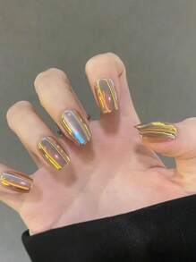 30 piezas de uñas postizas desmontables con efecto de ojo de gato electrochapado en oro, manicura en gel multicapa para presionar