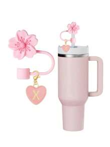 A2pcs/1set Heart & Letter Pomegranate Flower Straw Topper, Pink Cup Letter Marker, And Reusable Silicone Flower Straw Cover Caps For 10mm Diameter Straw, Cute Letter & Flower Decorations For Modern Minimalist Glass Cups, Cup Accessories, Holiday Party Gifts, Mother's Day Gift - Pink - View 16