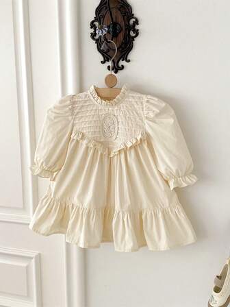 1 pieza Vestido de princesa de unicolor con volantes en el bajo para niñas pequeñas, manga larga, casual y cómodo, apto para primavera, verano, otoño