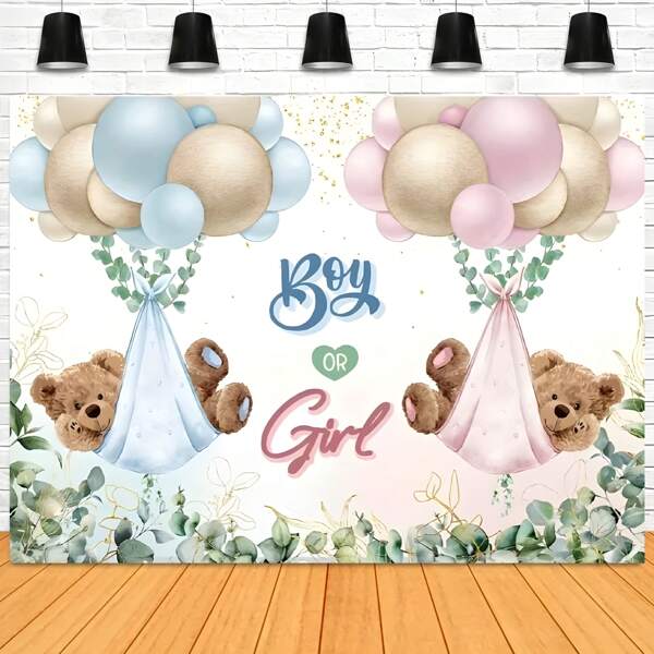 Gender Reveal Backdrop He Or She Family Party Photography Background Blue Or Pink Bear Balloon Banner Props