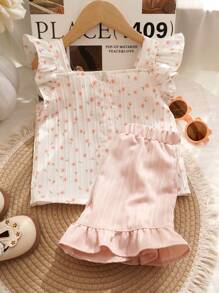 Baby Girls Floral Ruffle Trim Top + Shorts 2pcs Set, Cute Summer Outfit, Birthday Clothes - Pink - View 2