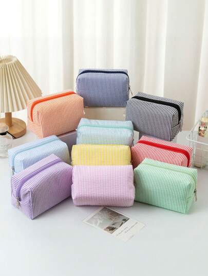 1pc Polka Dot Mesh Cosmetic Bag, Embroidered Striped Travel Toiletry Organizer, Suitable As Birthday Gift, Stylish Makeup Bag For Travel, Beach, Bathroom, Bedroom, Large Capacity