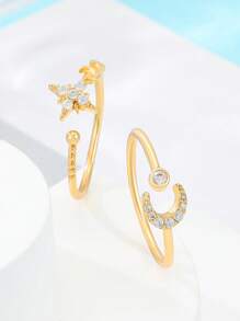 2pcs Simple Star & Moon Design Stackable Adjustable Open Rings For Women - Stars and Moon - View 2